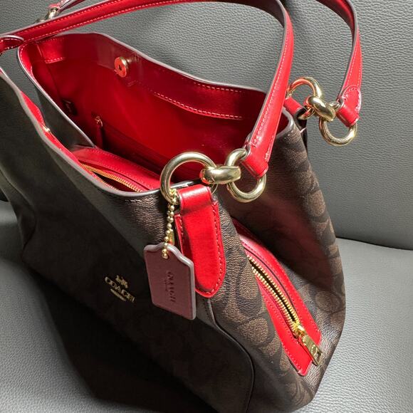 Coach Hallie In Signature Canvas Shoulder Bag Brown True Red NWT $398 - Picture 3 of 12